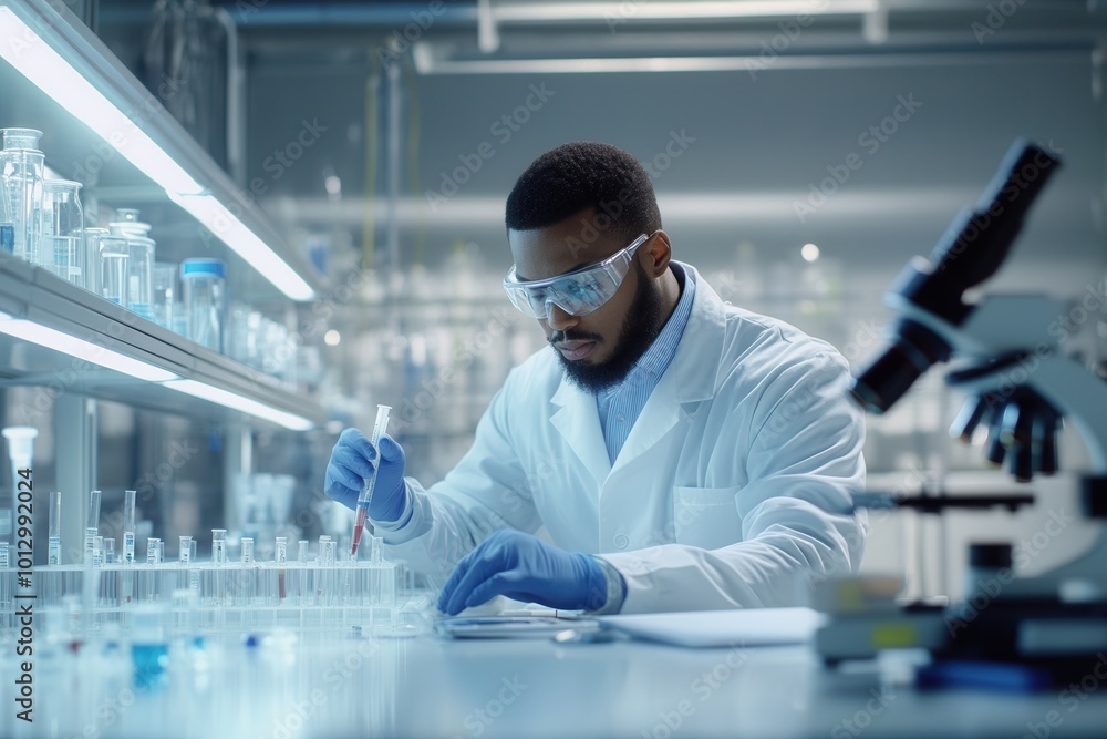 Aufkleber In a modern laboratory, a scientist in protective gear meticulously handles various test tubes and samples while conducting experiments. Generative AI
