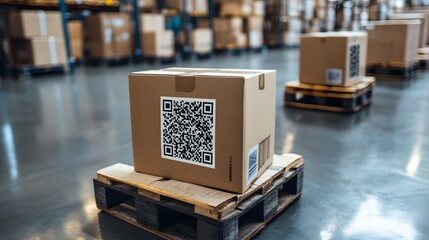 Automatic logistics management showcasing smart packaging integrated into the warehouse workflow, with a focus on cardboard box tags and QR codes