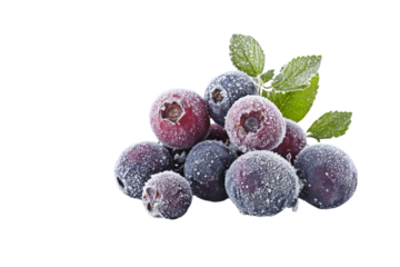 Frozen blueberries with green leaves on a white isolate background.