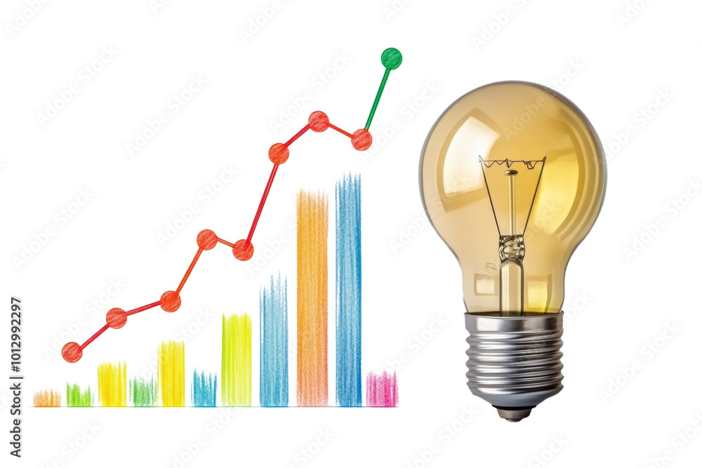 Poster illuminated light bulb beside colorful bar and line graphs showing growth and progress, white isolat
