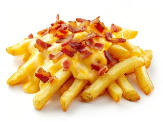 French Fries Topped with Cheese and Bacon Isolated On White Background