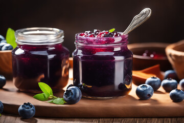 Delicious jam blueberry on natiural background concept of healthy and dieting
