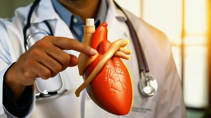 A doctor holds a model of a heart, explaining the anatomy in a medical setting. The focus is on healthcare education and patient understanding.
