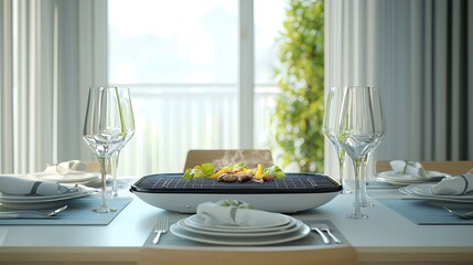 Electric grill with a sleek design, positioned on a dining table with a clean background, ideal for copy space, deep depth of field, Product photography with high resolution, studio lighting,