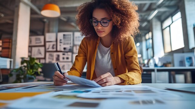 Young woman reviewing design plans in a modern office