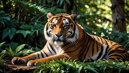 Obraz premium Majestic Tiger in Jungle: Powerful Tiger Staring Intently from the Undergrowth of a Lush Rainforest