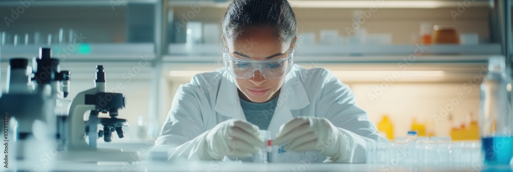 Leinwandbilder a scientist in a lab coat and protective gear meticulously examines test tubes and samples while con