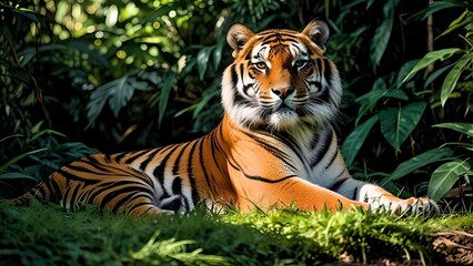 Obraz premium Majestic Tiger in Jungle: Powerful Tiger Staring Intently from the Undergrowth of a Lush Rainforest