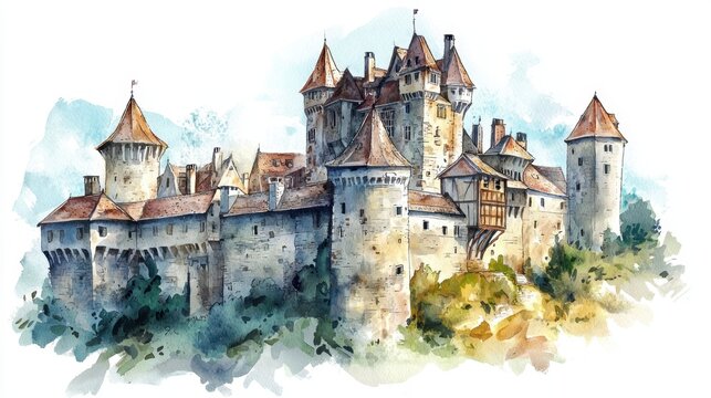 Majestic watercolor depiction of a medieval castle