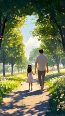 Animated scene of father and daughter walking hand in hand on the path between trees