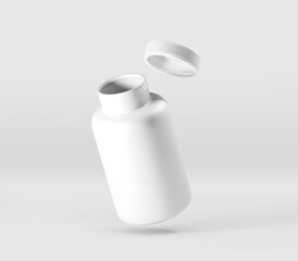 Realistic White Supplement Bottle Mockup, Plastic Bottle Mockup, Vitamins, Supplements, Food, Medicine, Cosmetics, Isolated on Light Background, 3D Rendered, Illustration