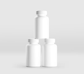Realistic White Supplement Bottle Mockup, Plastic Bottle Mockup, Vitamins, Supplements, Food, Medicine, Cosmetics, Isolated on Light Background, 3D Rendered, Illustration