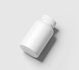 Realistic White Supplement Bottle Mockup, Plastic Bottle Mockup, Vitamins, Supplements, Food, Medicine, Cosmetics, Isolated on Light Background, 3D Rendered, Illustration