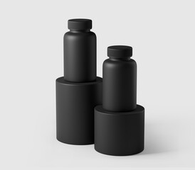 Realistic Black Supplement Bottle Mockup, Plastic Bottle Mockup, Vitamins, Supplements, Food, Medicine, Cosmetics, Isolated on Light Background, 3D Rendered, Illustration