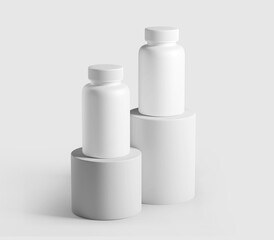 Realistic White Supplement Bottle Mockup, Plastic Bottle Mockup, Vitamins, Supplements, Food, Medicine, Cosmetics, Isolated on Light Background, 3D Rendered, Illustration