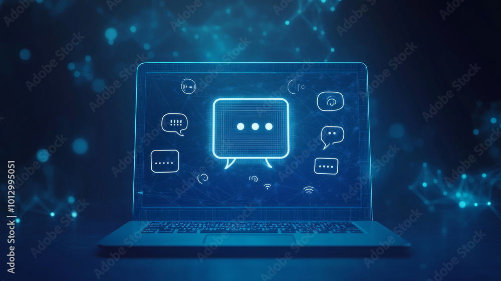 Poster a laptop screen shows a chat bot logo with speech bubbles,question marks,and quotation marks.design 