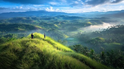 Fototapeta premium Two people stand on a mountaintop overlooking a valley, mist rolling through the lush green landscape.