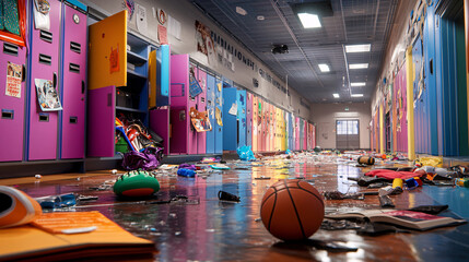 chaotic school hallway filled with colorful lockers, scattered belongings, and debris on floor creates vibrant yet messy scene. atmosphere reflects lively school environment
