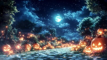 In the dim twilight, a misty pumpkin patch is dotted with glowing jack-o'-lanterns. The moonlight filters through the fog, illuminating the vines, adding to the spooky yet charming ambiance.
Keywords: - Powered by Adobe