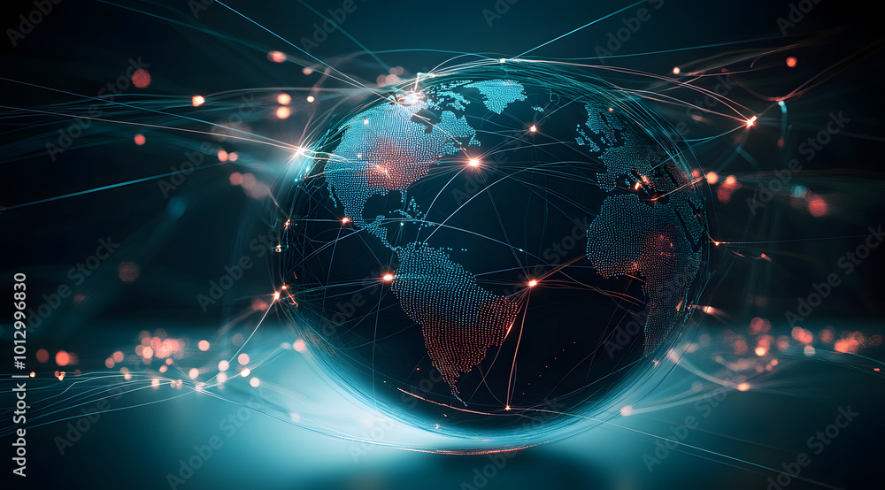 Poster global digital network connecting continents with technology lines