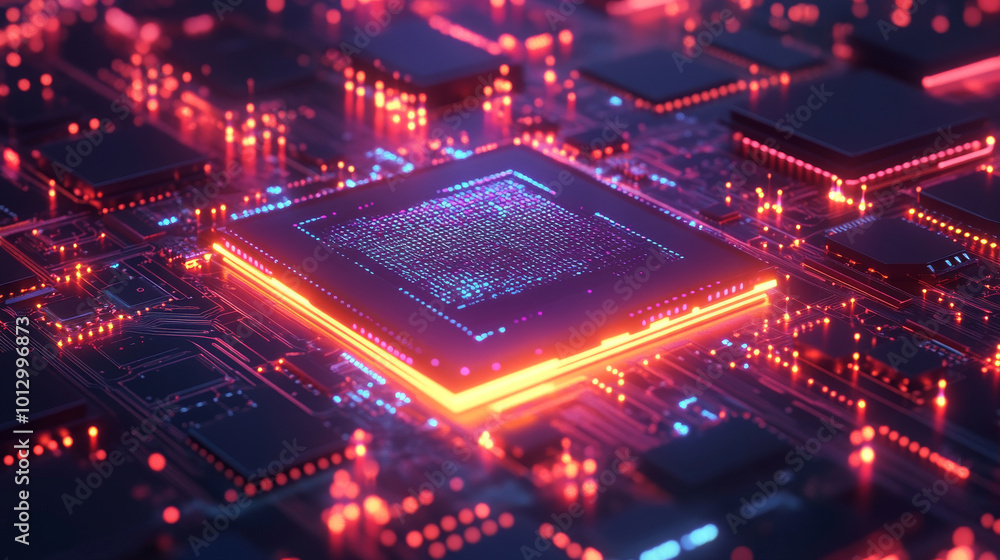 Poster a futuristic computer chip with glowing lights sits on a circuit board. the chip is surrounded by sm