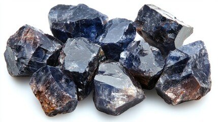 A cluster of rough, uncut sapphires, showing their natural deep blue hues and jagged edges