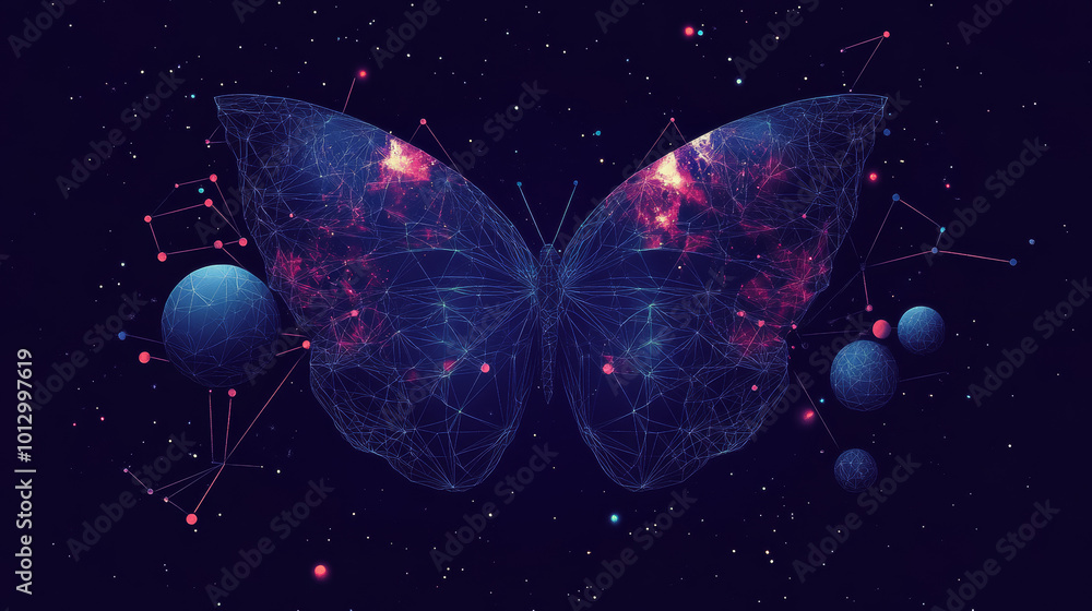 Poster a butterfly, made up of stars and planets, with lines and shapes creating a space-like pattern. it's