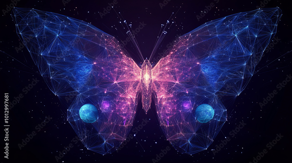 Poster a butterfly, made up of stars and planets, with lines and shapes creating a space-like pattern. it's