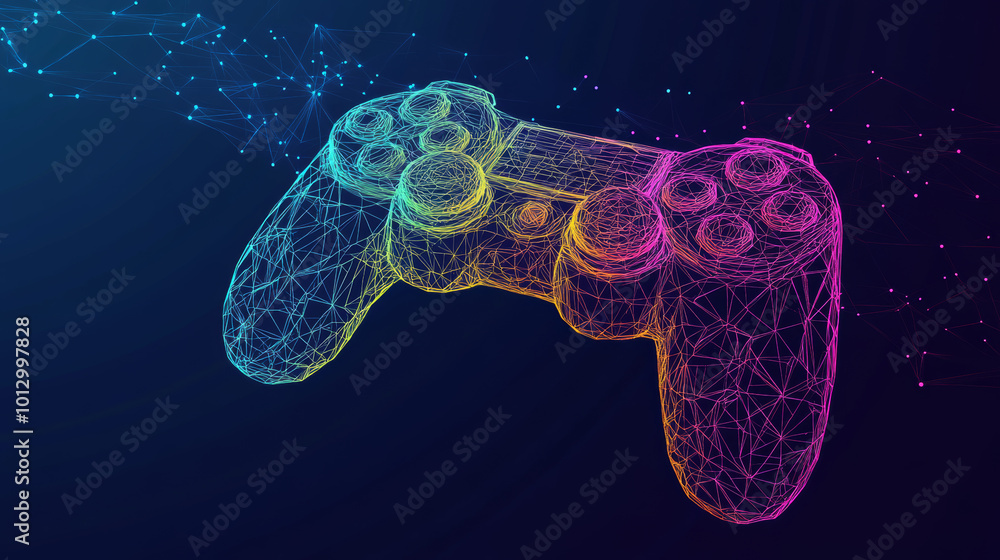 Poster a simple, pixelated design of a video game joystick, made up of lines and dots. it uses a colorful p