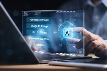Chat with AI or Artificial Intelligence. Young businessman chatting with a smart AI or artificial...