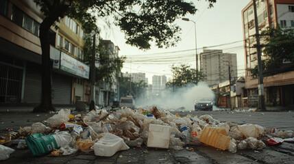 Fototapeta premium image depicts street littered with garbage, showcasing impact of pollution and urban neglect. scene evokes sense of environmental concern and highlights need for better waste management practices