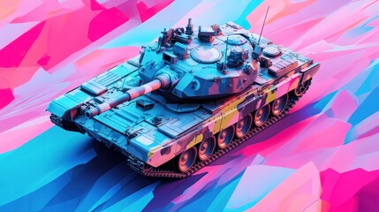 A 3D rendering of a military tank in camouflage paint on a colorful geometric background.
