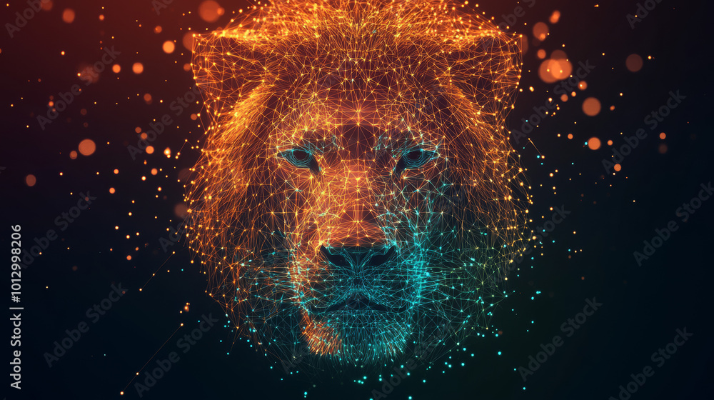 Poster a lion's head is shown as a simple design using lines and dots. it's a modern art style with bright 