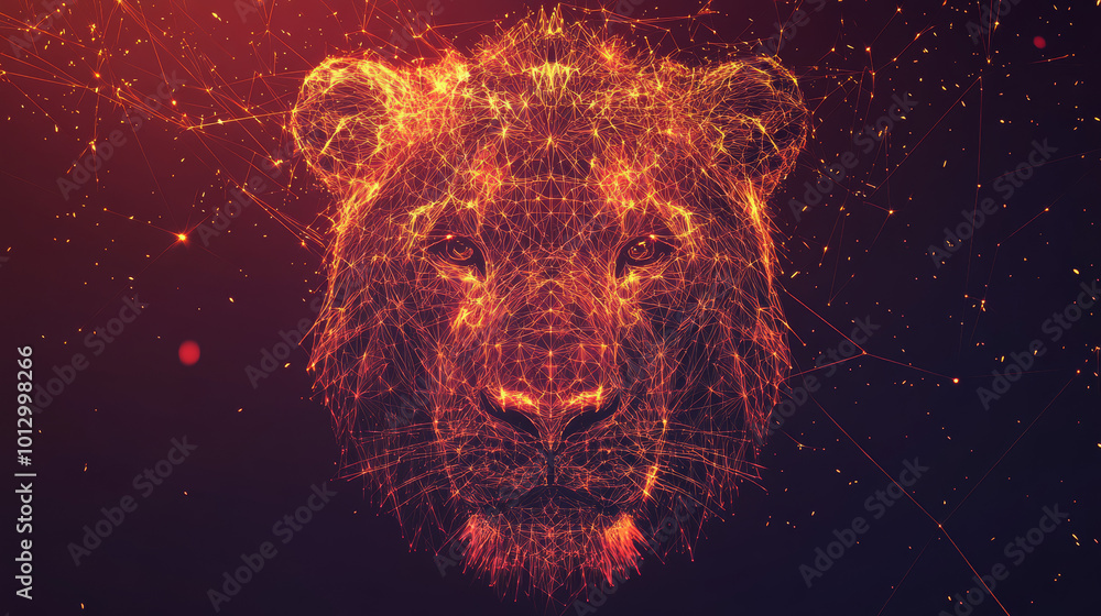 Poster a lion's head is shown as a simple design using lines and dots. it's a modern art style with bright 