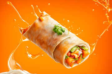 illustration of Traditional Chinese Spring Roll and liquid splashing on the Orange background.