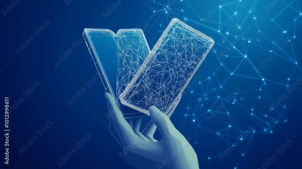 Poster a hand holding a book and a smartphone. the image suggests online learning with a blue background an