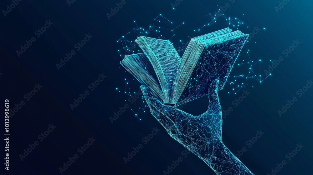 Poster a hand holding a book and a smartphone. the image suggests online learning with a blue background an