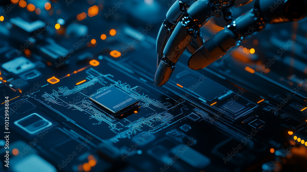 Poster robotic arm carefully places a tiny ai chip onto a dark blue surface.image represents the connection