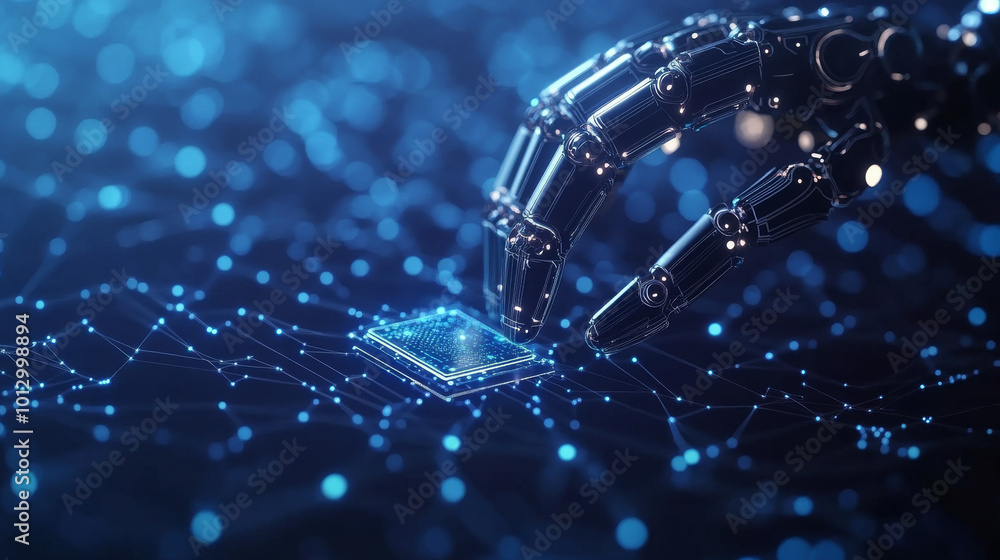 Poster robotic arm carefully places a tiny ai chip onto a dark blue surface.image represents the connection