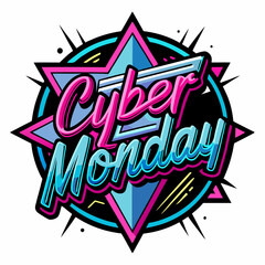 Vibrant Cyber Monday Starburst Illustration with Neon Colors and Dynamic Text
