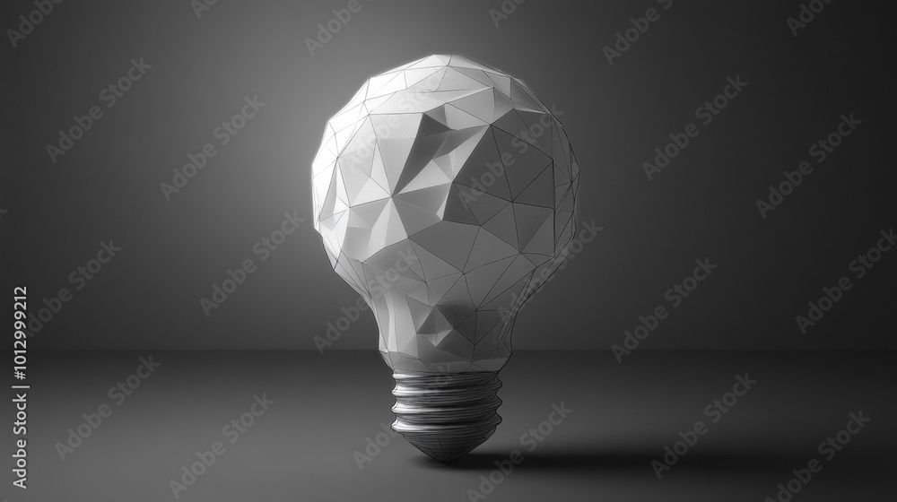 Poster a simple picture of a light bulb, made up of triangles, representing the idea of a new thought.low p