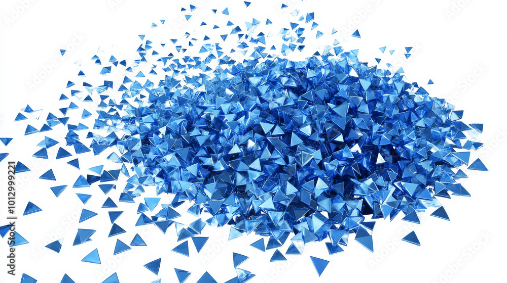 Poster a blue coin made of many small triangles is shown. the triangles move and connect to create the coin