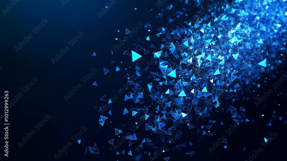 Poster a blue coin made of many small triangles is shown. the triangles move and connect to create the coin
