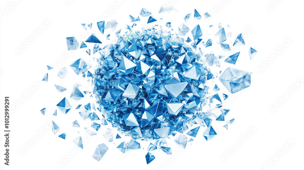 Poster a blue coin made of many small triangles is shown. the triangles move and connect to create the coin