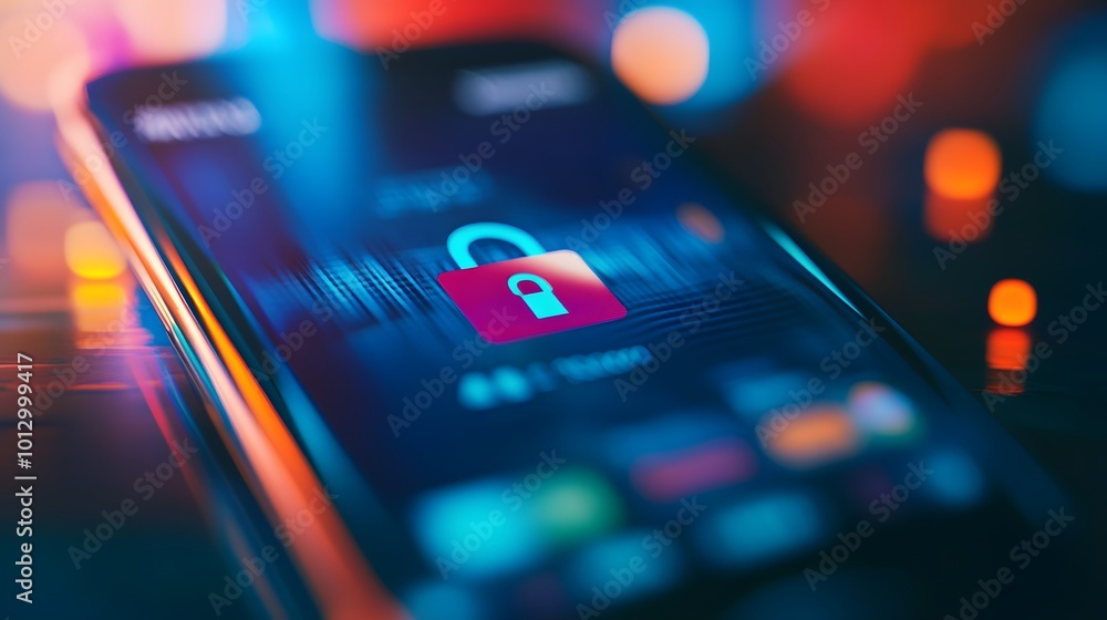 Poster smartphone displaying a padlock icon with a blurred background