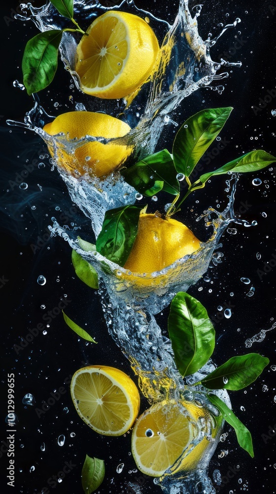 Poster a series of oranges and lemons are splashing in a stream of water