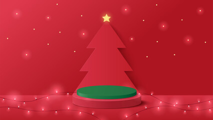 Podium Christmas. Red Podium for product display presentation with christmas tree. Podium platform to show product on red background. Merry Christmas background