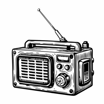 recommend clip art: Vintage Retro Radio Vector Sketch with Antenna Black and White Line Art Illustration