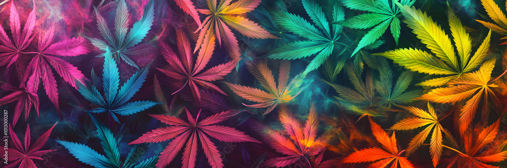 Poster a digital artwork featuring a colorful display of cannabis leaves in a repeating pattern with a smok