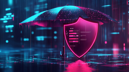 A futuristic shield and checklist are protected by a digital umbrella, representing the concept of online insurance. This illustration uses geometric shapes and is designed for digital use.